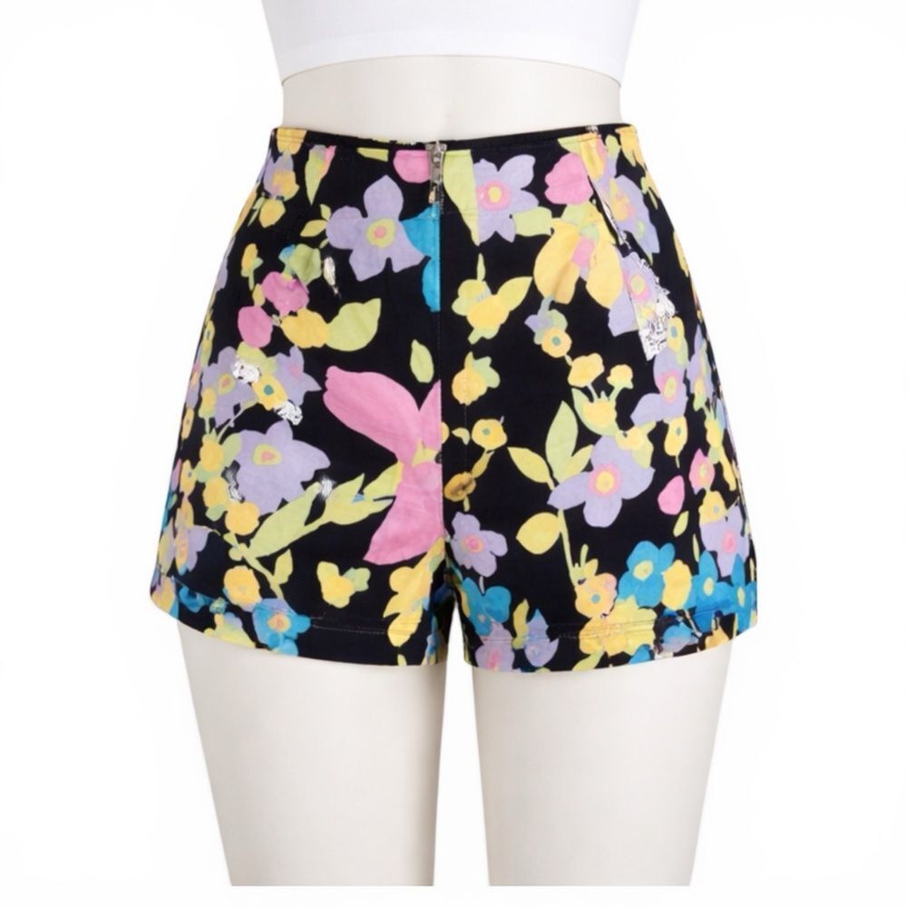 Cache Floral Print Shorts Size 4 Black Multicolor High Waist Tailored Summer